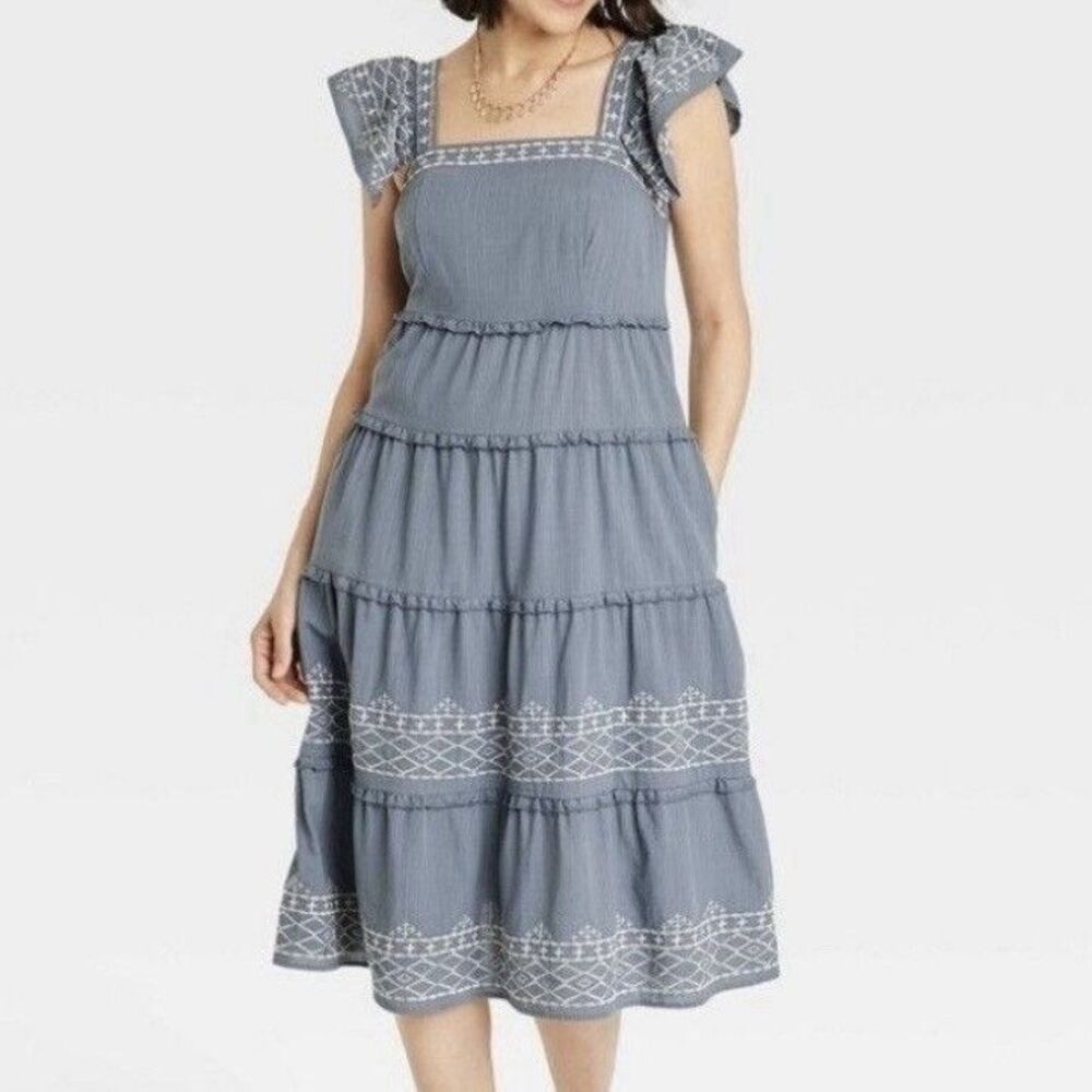 Knox Rose Dress Women 2X Blue Tiered Midi Country Cottage Western Boho Lagenlook